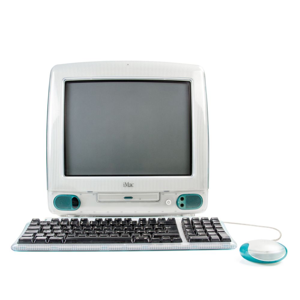 iMac G3 türkis von vorne mit Tastatur mit Maus