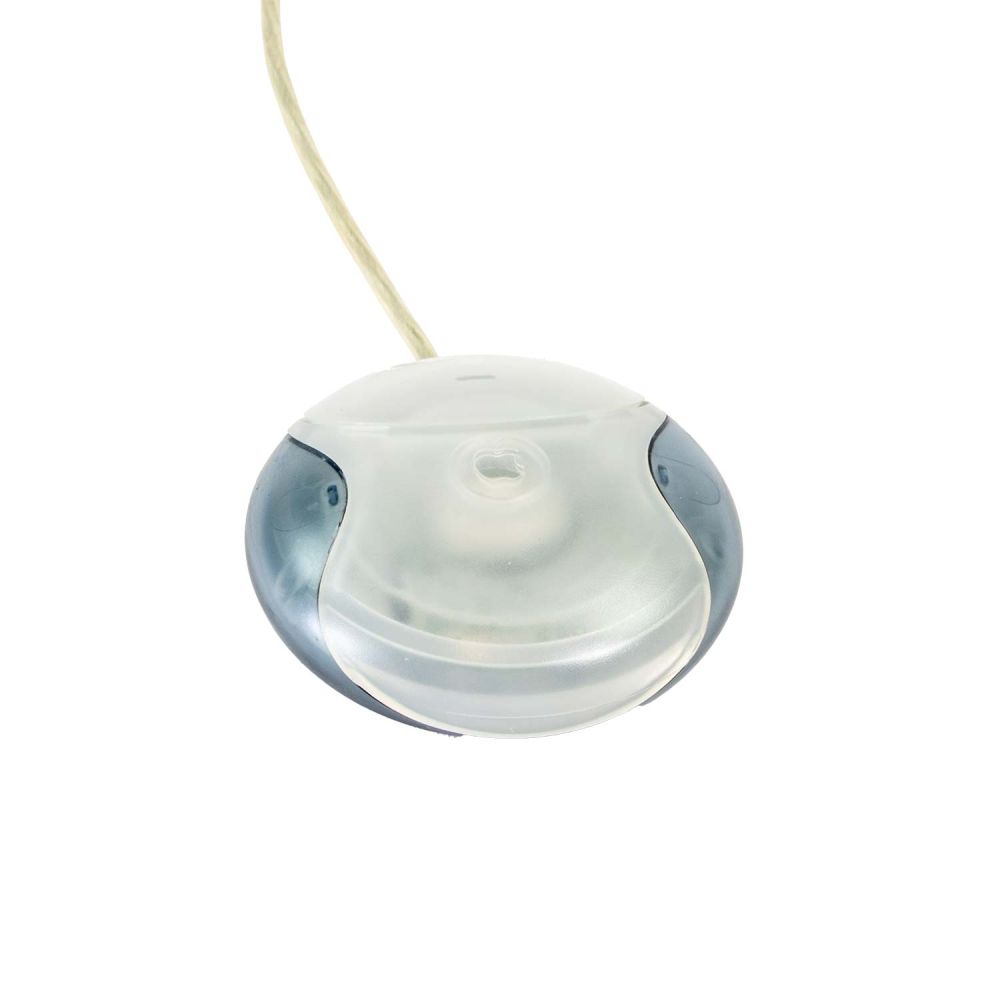 Apple USB Mouse von oben in transparent weiß/blau. Maustasten sind zu sehen