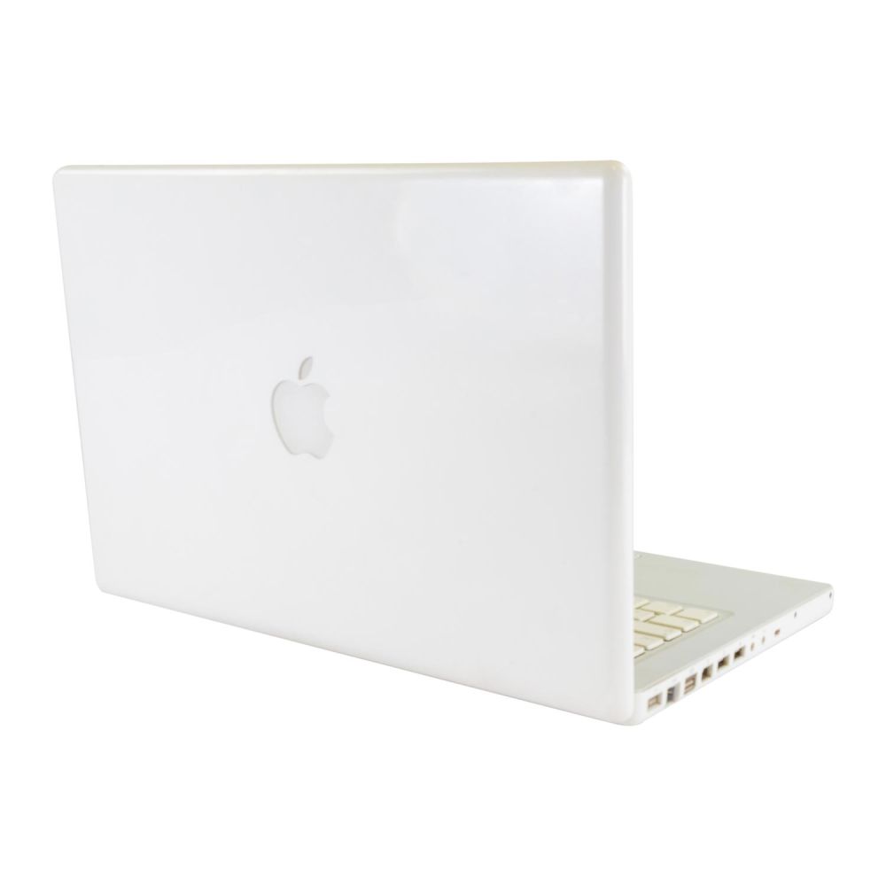 MacBook white aufgeklappt leicht seitlich von hinten