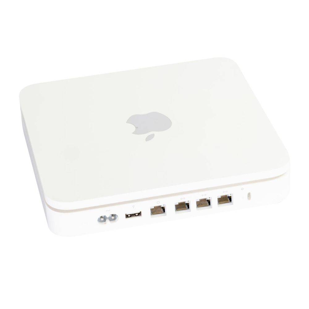 Time Capsule von hinten in weiß. Abbildung von einem Apfel zu sehen