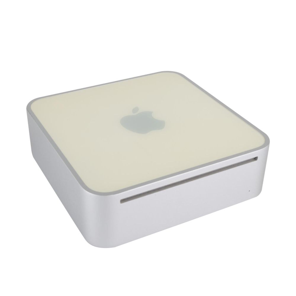 Mac mini leicht gedreht von vorne oben zu sehen. der CD Einschub ist zu erkennen