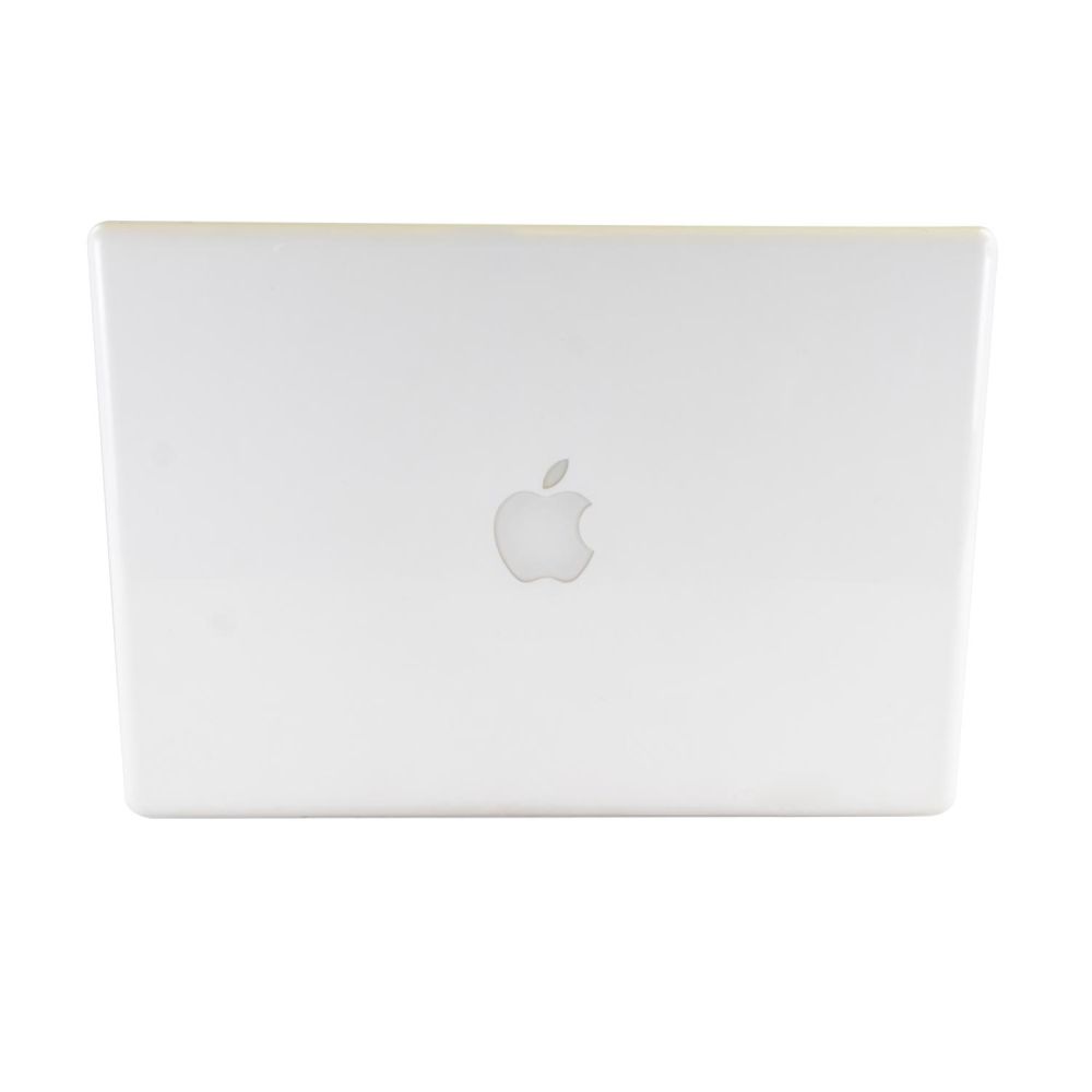 MacBook white aufgeklappt von hinten. Weißer Apfel darauf zu erkennen