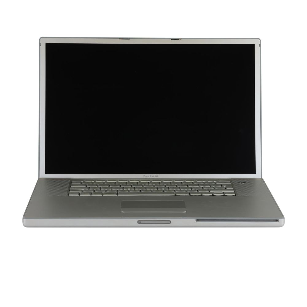 PowerBook G4 mit 17 Zoll aufgeklappt und von vorne