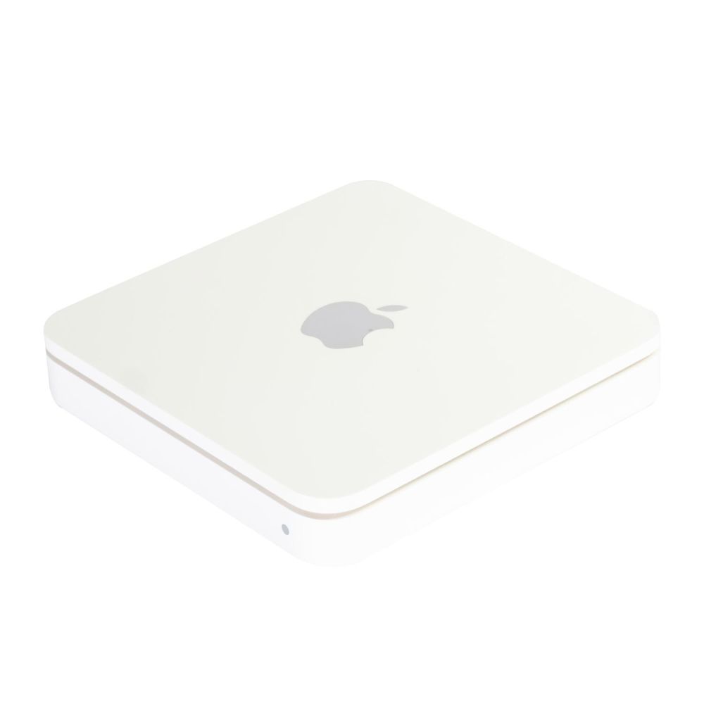 Time Capsule leicht seitlich von rechts in weiß. Abbildung von einem Apfel zu sehen