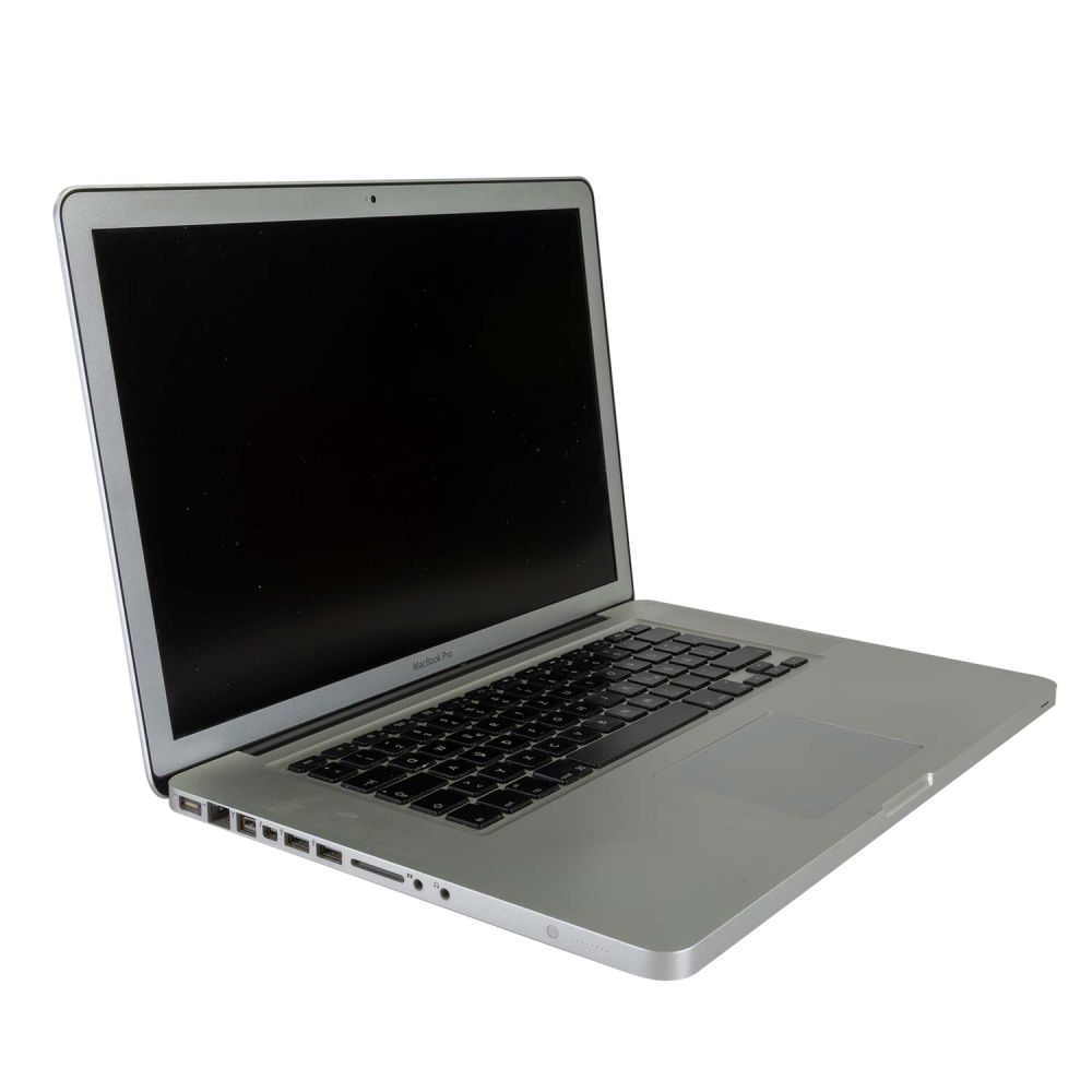 MacBook Pro aufgeklappt leicht seitlich in der Farbe silber