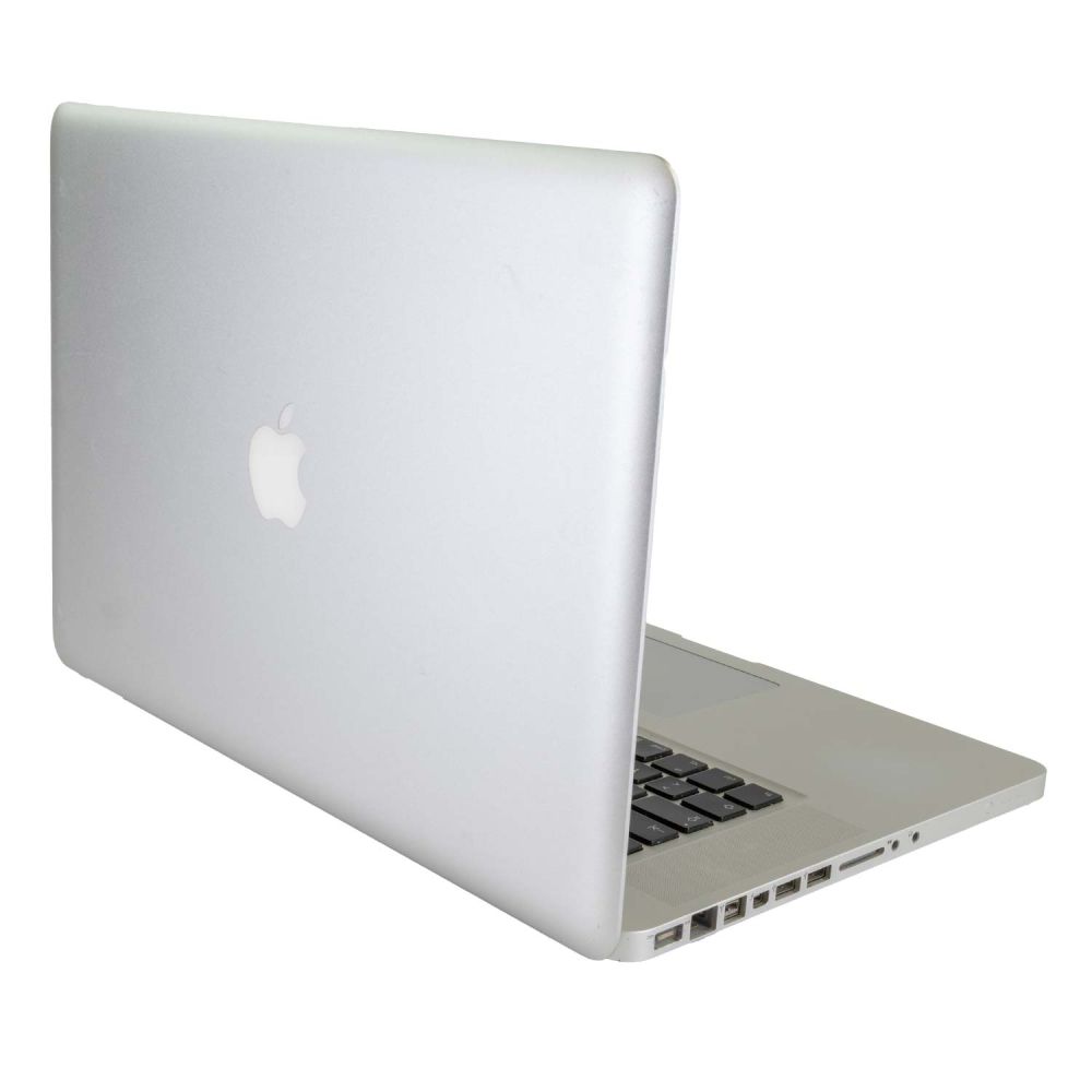 MacBook Pro aufgeklappt leicht seitlich von hinten in der Farbe grau