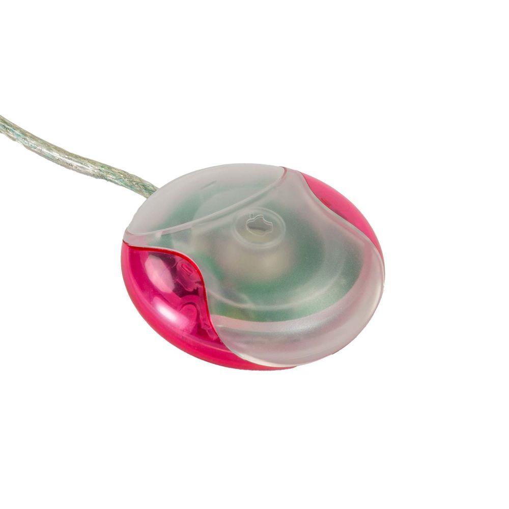 Apple USB Mouse seitlich transparent weiß/rot. Maustasten sind zu sehen