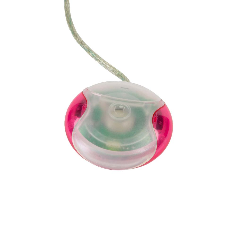 Apple USB Mouse von oben in transparent weiß/rot. Maustasten sind zu sehen