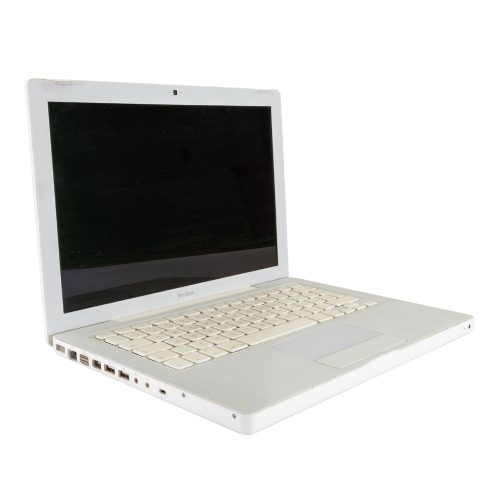 MacBook white aufgeklappt leicht seitlich von vorne in der Farbe weiß