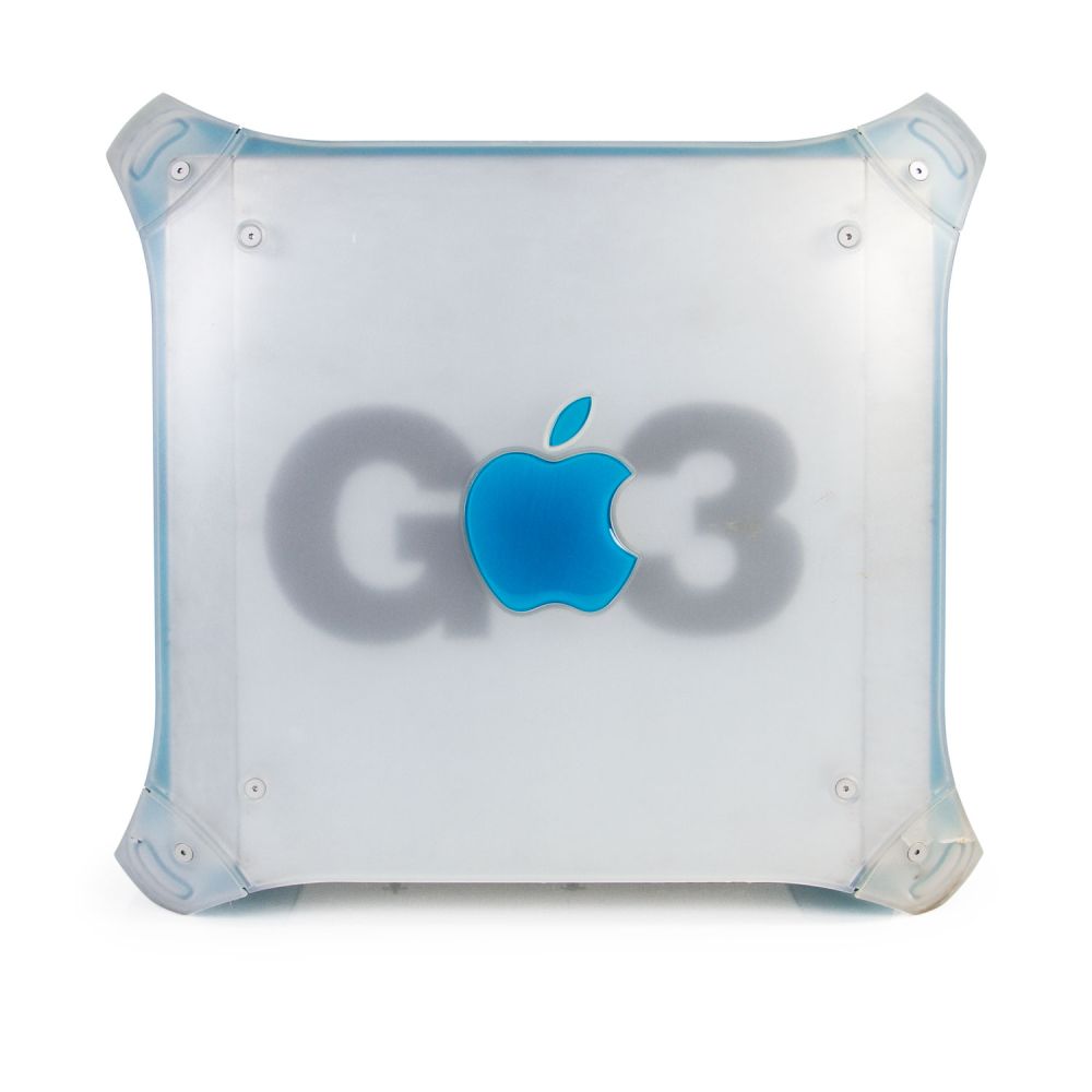 Power Mac G3 von der Seite mit blauem Apfel
