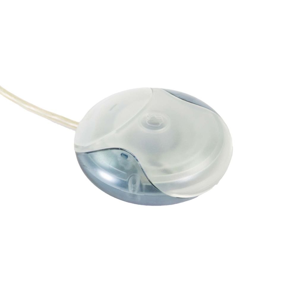 Apple USB Mouse von oben in transparent weiß/blau. Maustasten sind zu sehen