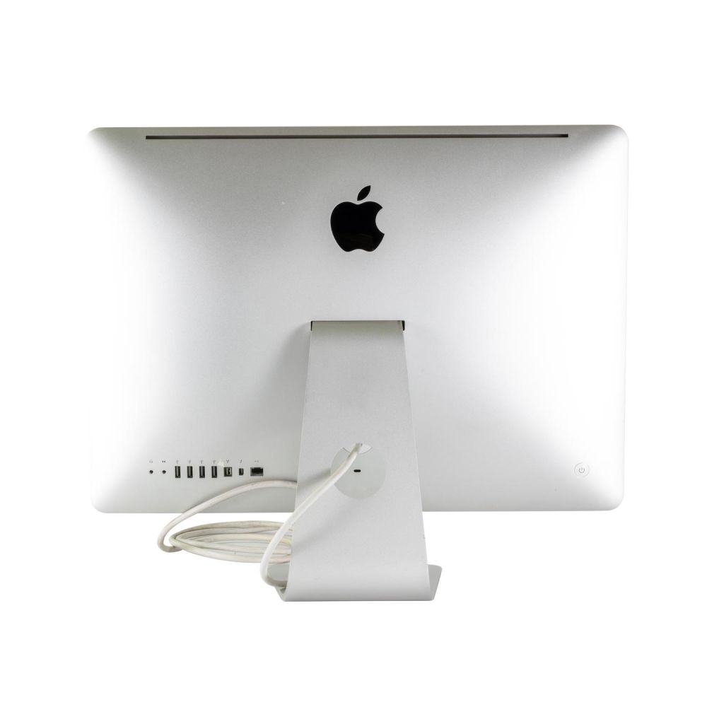 iMac 2010 von hinten in grau. Abbildung von einem schwarzen Apfel