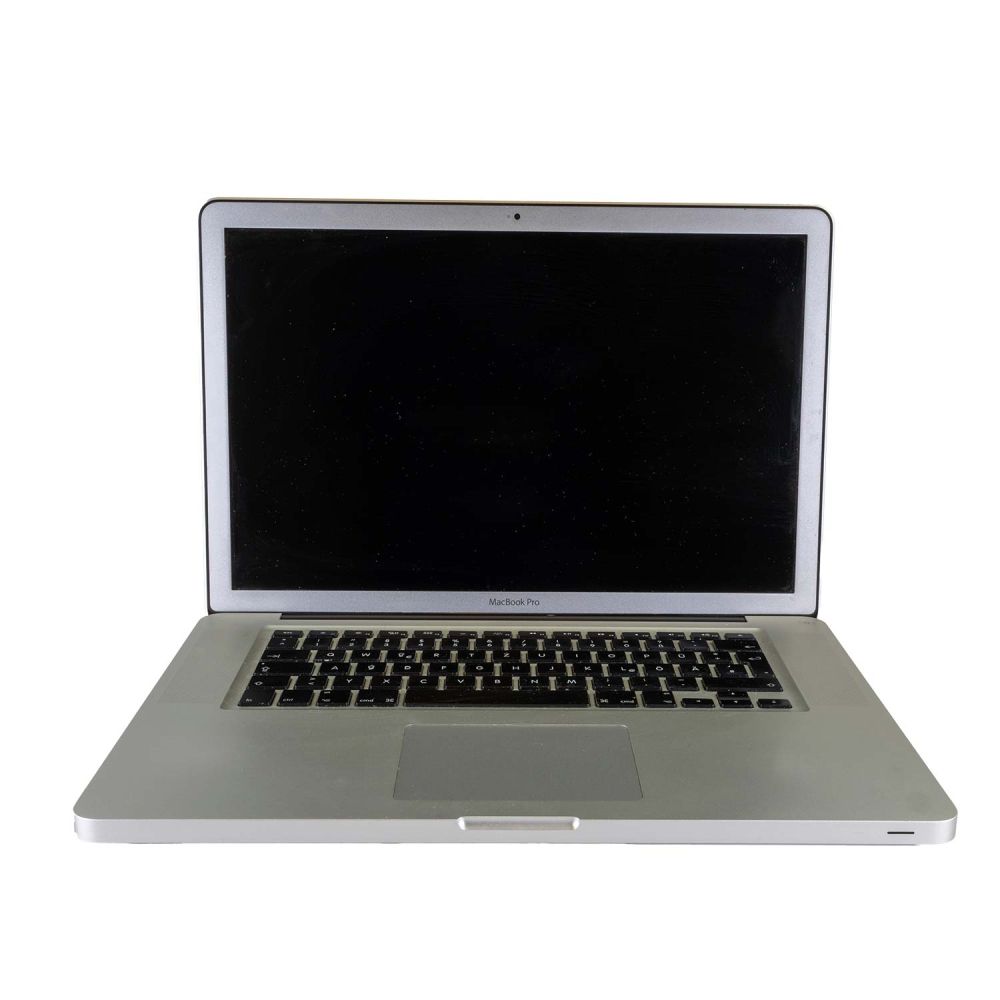 MacBook Pro aufgeklappt von vorne in der Farbe grau